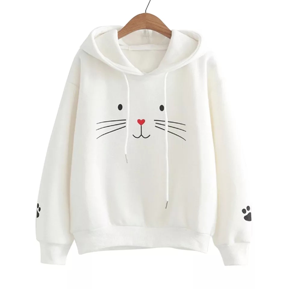 Ladies White Cat Printed Pullover Hoodie – Deal20one