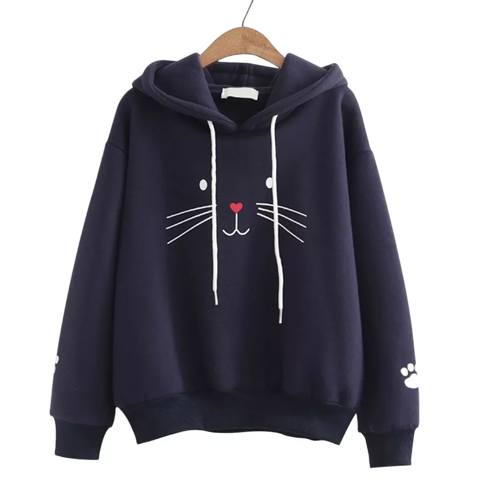 Navy Blue Cat Face Printed Pullover Hoodie – Deal20one