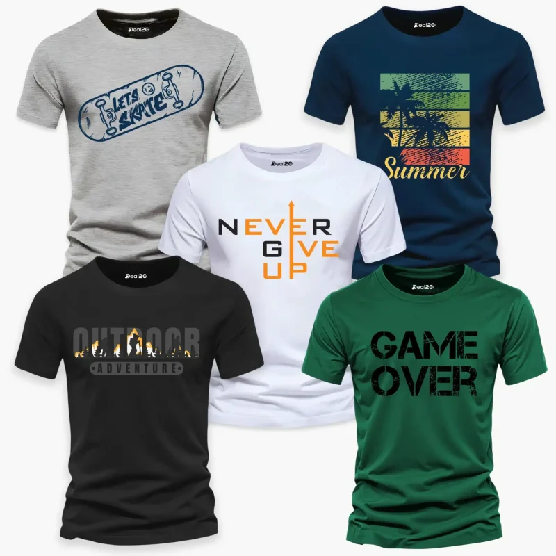 Pack of 5 LONHG Round Neck Printed T-Shirts For Mens