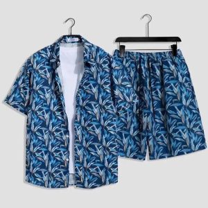 Blue Leaf Printed Summer Short Suit for Men