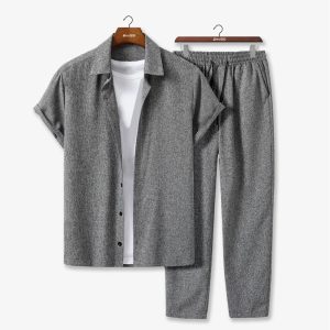 Men Light Grey Classic Versatile Solid Shirt and Trouser Summer Suit