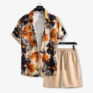 Orange Hawaiian Floral Printed Summer Short Suit for Men