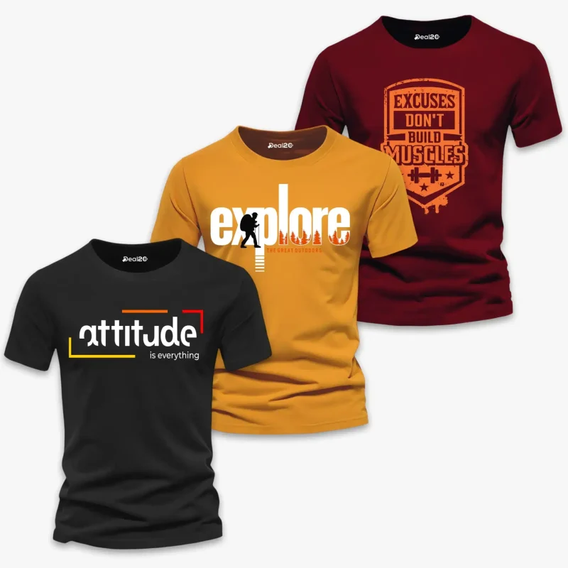 REPLACE DEAL Pack of 3 Always Explore Muscles Mens Printed T-Shirts