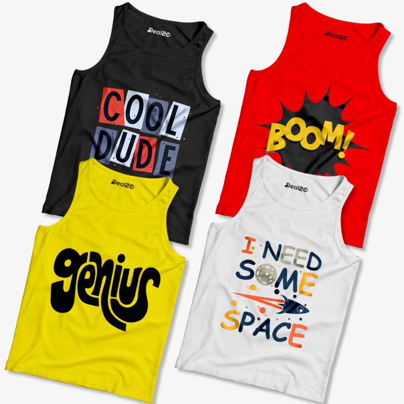 Pack of 4 Cool Boom Genius Space Kids Printed Tank Tops