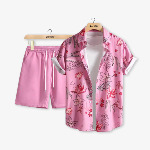 Men Casual Pink Hawaiian Floral and Leaf Printed Summer Outfit