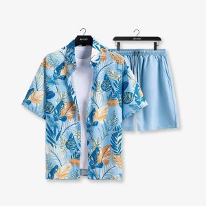 Men Sky Blue Tropical Flower Leaf Summer Beach Short Suit