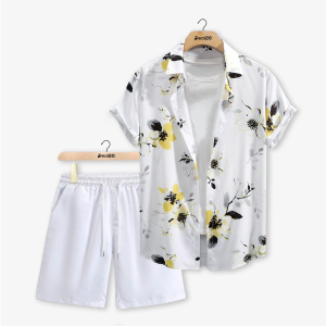 Men White Sunflower Printed Summer Short Suit