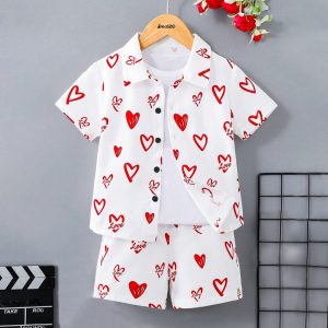 Love Red Heart Printed Summer Short Suit For Kids