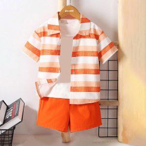 Kids Orange Attractive Striped Pattern Summer Short Suit