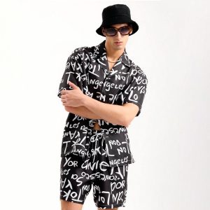 Men Slim Fit Alphabet Printed Spread Collar Casual Summer Short Suit