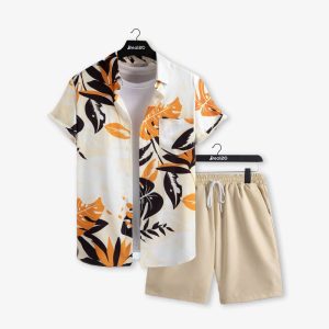 Men Plant Printed Beach Summer Short Suit Outfit