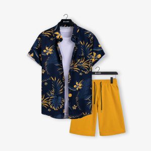 Trending Orange and Purple Leaf Printed Shorts Set For Summer Holiday