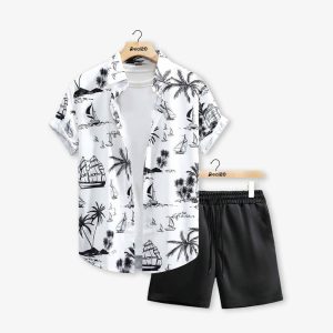 Beach Sailboat Tree Printed Casual Summer Short Suit for Men