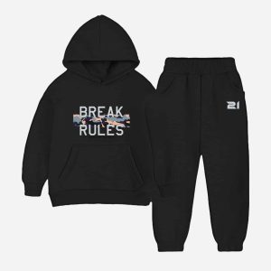 Break Rules Printed Hooded Tracksuit For Tween Kids - Black