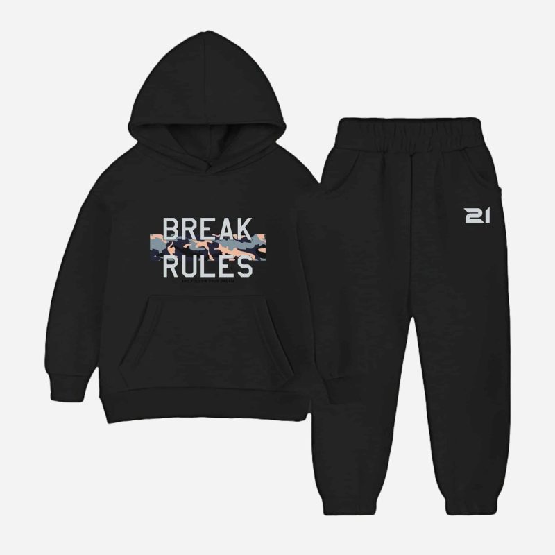 Break Rules Printed Hooded Tracksuit For Tween Kids - Black Break Rules Printed Hooded Tracksuit For Tween Kids - Black