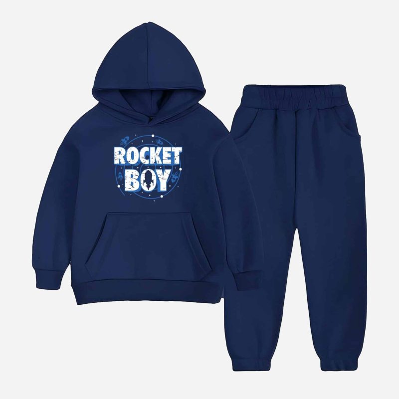 Rocket Boy Printed Hooded Tracksuit For Young Kids - Navy Blue
