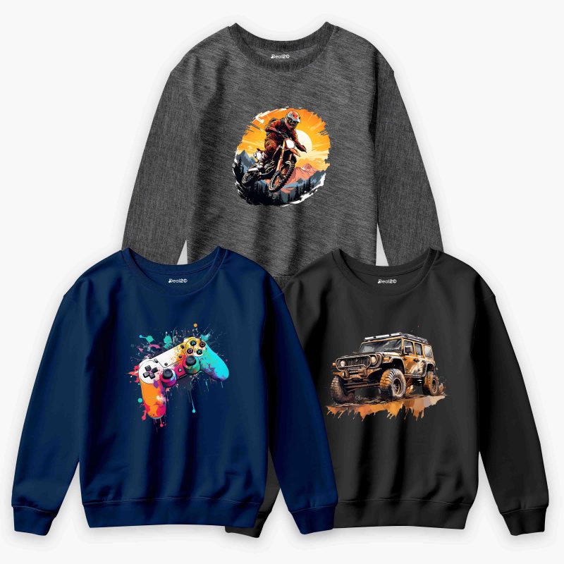 Pack of 3 Biker Games Printed Sweatshirt For Tween Kids