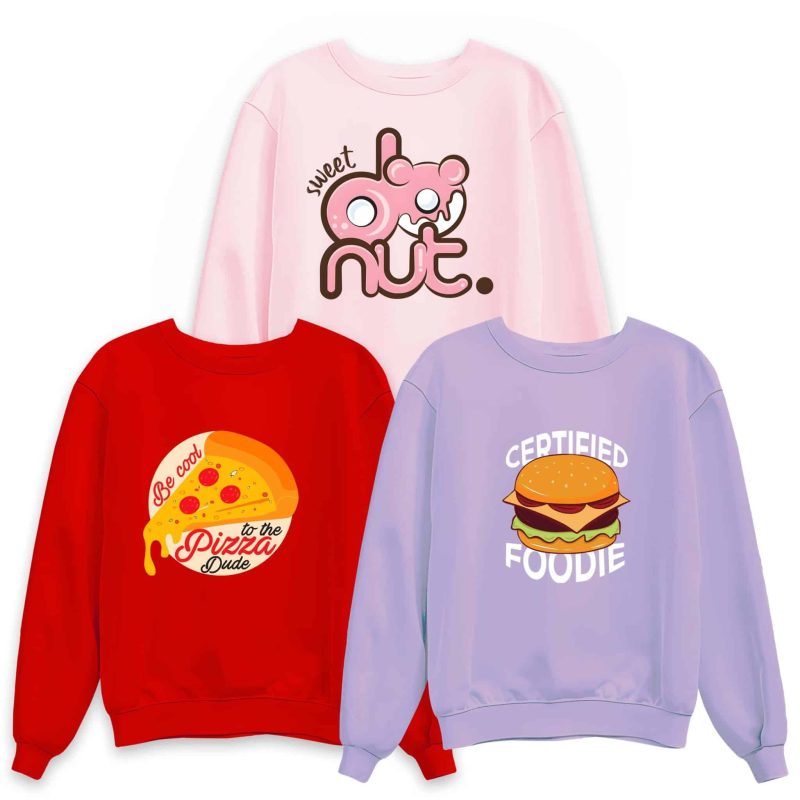 Pack of 3 Donut Certified Pizza Printed Sweatshirt For Women