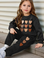 Heart Graphic Print Long Sleeve Sweatshirt Top and Pants Set For Girls