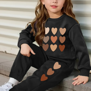 Heart Graphic Print Long Sleeve Sweatshirt Top and Pants Set For Girls