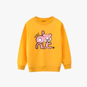 a yellow sweatshirt with a cartoon character on it