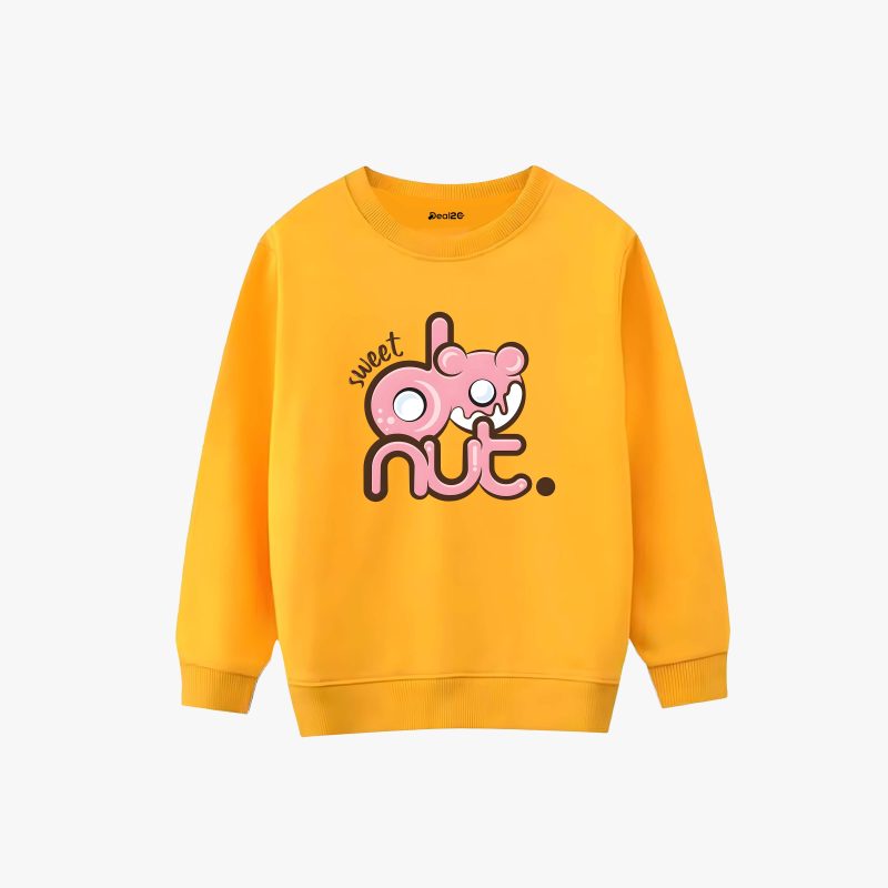 a yellow sweatshirt with a cartoon character on it