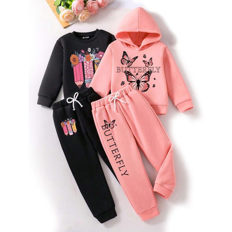 Pack of 2 Butterfly Printed Winter Hooded & Sweatshirt Tracksuit For Girls