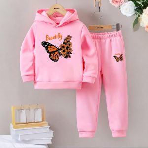 Butterfly Printed Winter Casual Comfort Warm Hooded Tracksuit For Girls