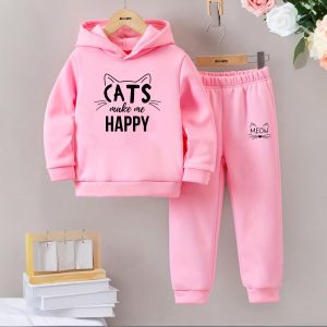 Cats Make Me Happy Printed Winter Casual Comfort Warm Hooded Tracksuit For Girls