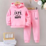 Cats Make Me Happy Printed Winter Casual Comfort Warm Hooded Tracksuit For Girls