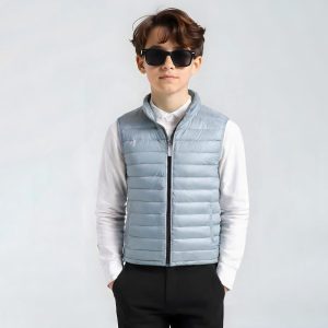 Light Grey Winter Warm Outdoor Puffer Jacket with Stand-Up Collar For Kids