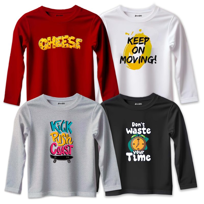 Pack of 4 Kick Cheese Moving Time Printed Long Sleeve T-shirts For Young Kids