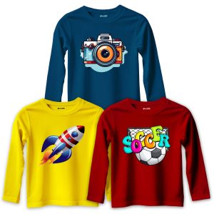 Pack of 3 Space Camera Soccer Printed Long Sleeve T-shirts For Young Kids