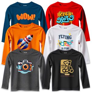 Pack of 6 Wow Bear Keep Rocket Flying Printed Long Sleeve T-shirts For Young Kids