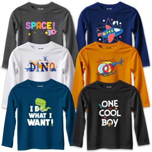 Pack of 6 Space Dino Want Cool Boy Printed Long Sleeve T-shirts For Young Kids