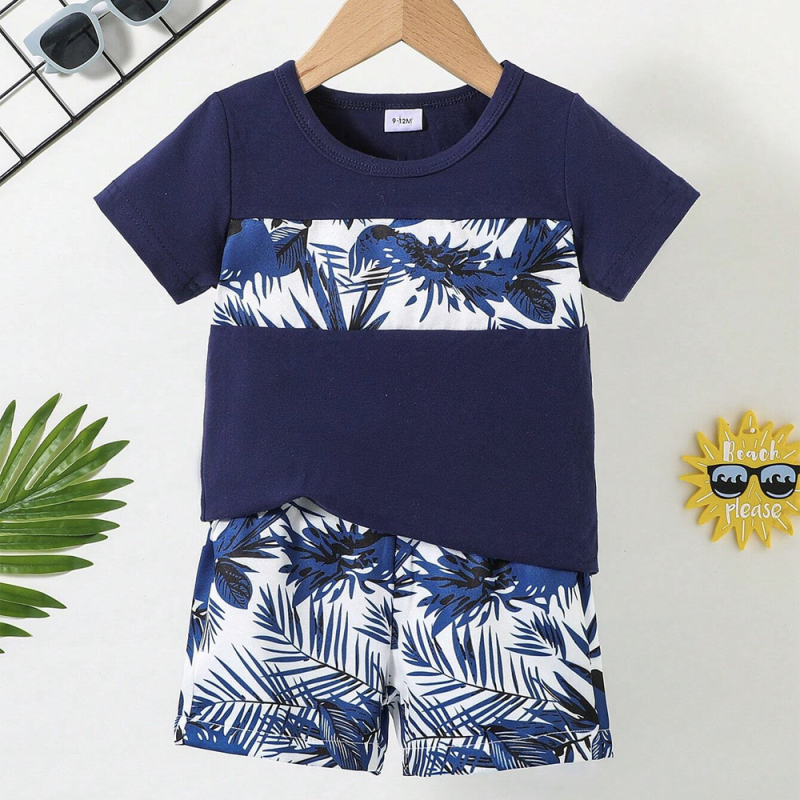 Tropical Plant Printed Fashionable Summer Short Suit For Kids