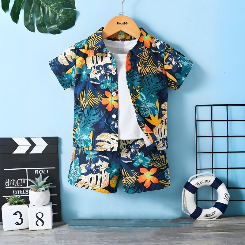 Tropical Leaves Beach Vacation Short Sleeve Shirt And Shorts Set For Kids