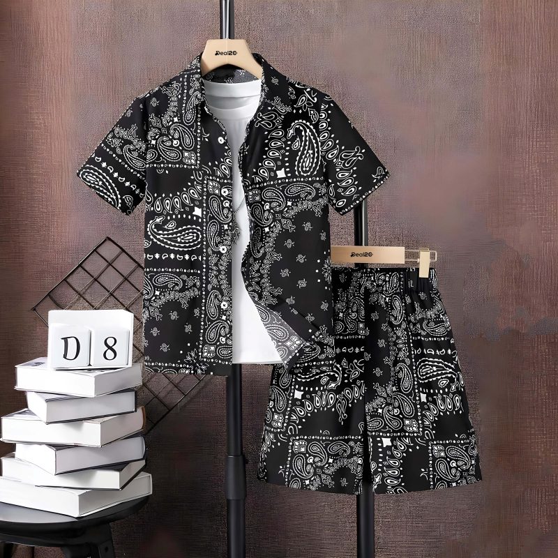 Black Stylish Paisley Shirt and Shorts Set For Kids