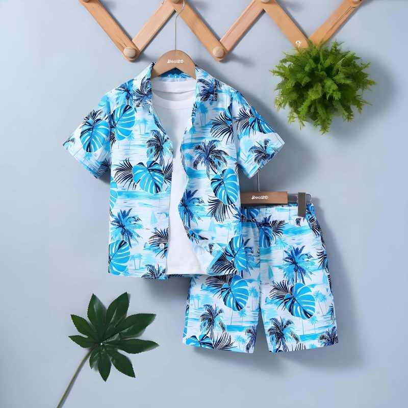 Casual Leaf Ditsy Floral Summer Short Suit For Kids