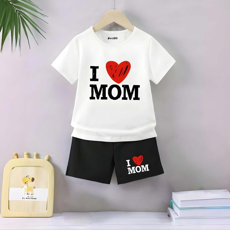 I Love Mom Heart Printed Summer Short Suit For Young Kids