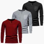 Bundle of 3 Henley Long-Sleeve T-Shirts with Stylish Three-Button Placket and Pocket for Men