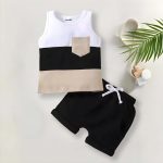 Young Boy Casual Knitted Round Neck Color Block Vest And Shorts Set