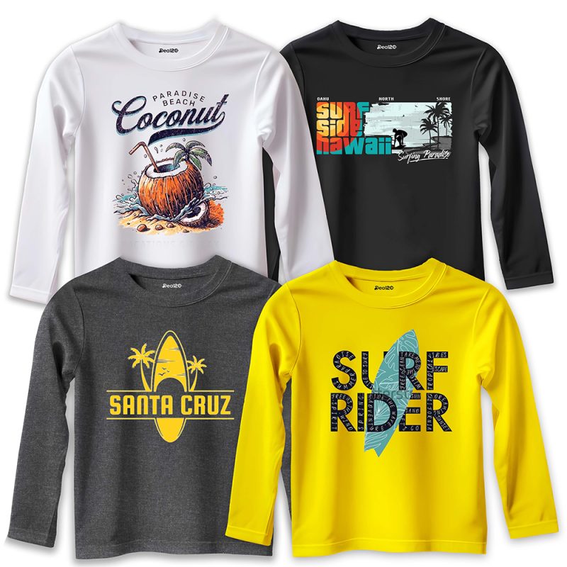 Pack of 4 Coconut Santa Surf Rider Printed Long Sleeve T-shirts For Tween Kids