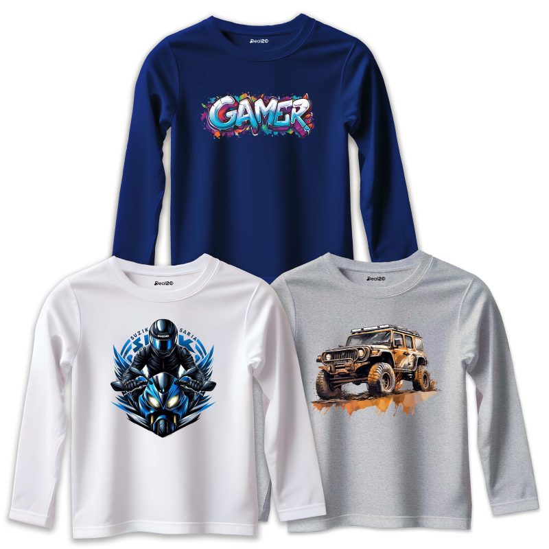 Pack of 3 Gamer Drive Printed Long Sleeve T-shirts For Tween Kids