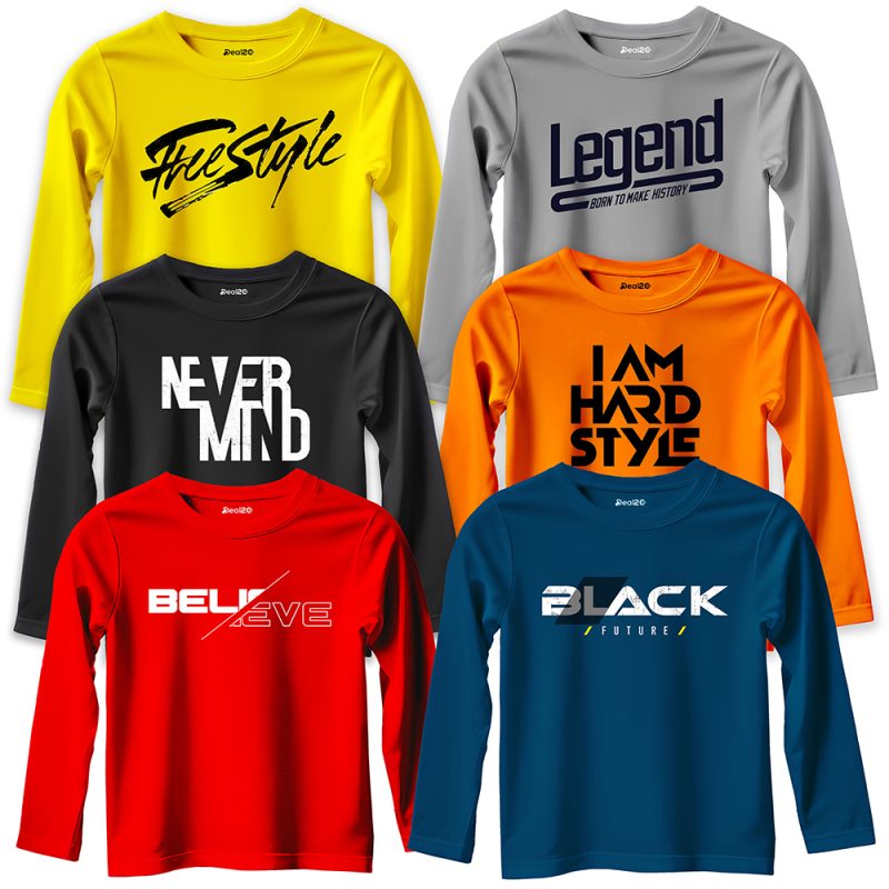 Pack of 6 Believe Black Never Mind Legend Printed Long Sleeve T-shirts For Tween Kids