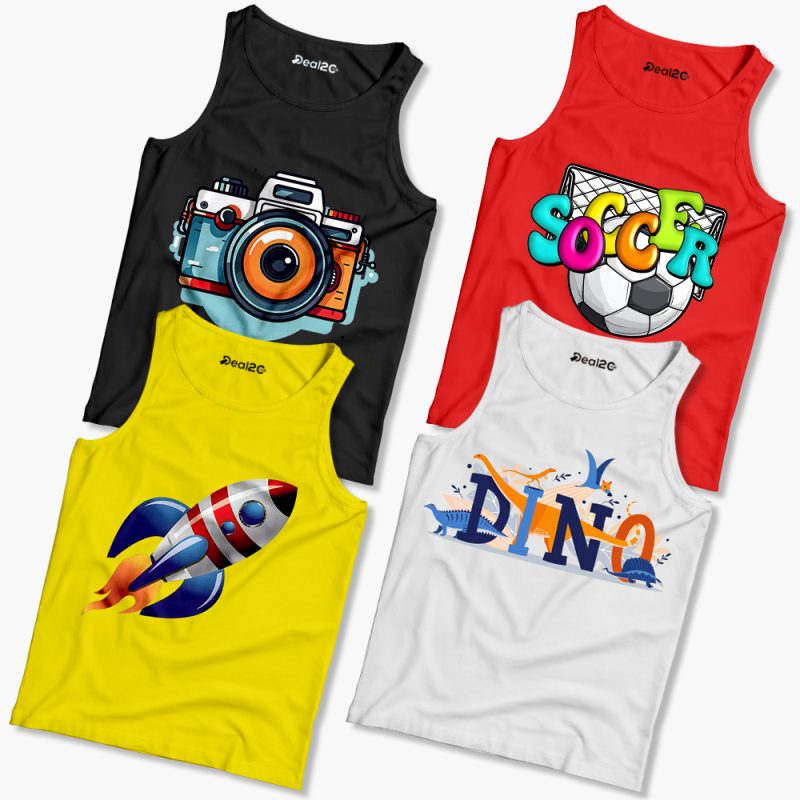 Pack of 4 Dino Soccer Rocket Camera Kids Printed Tank Tops