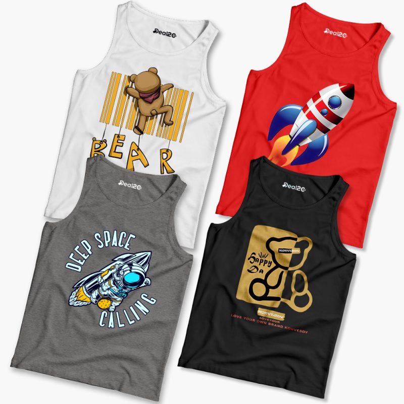 Pack of 4 Haooy Bear Space Calling Kids Printed Tank Tops