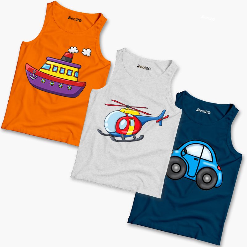 Pack of 3 Car Boat Heli Kids Printed Tank Tops