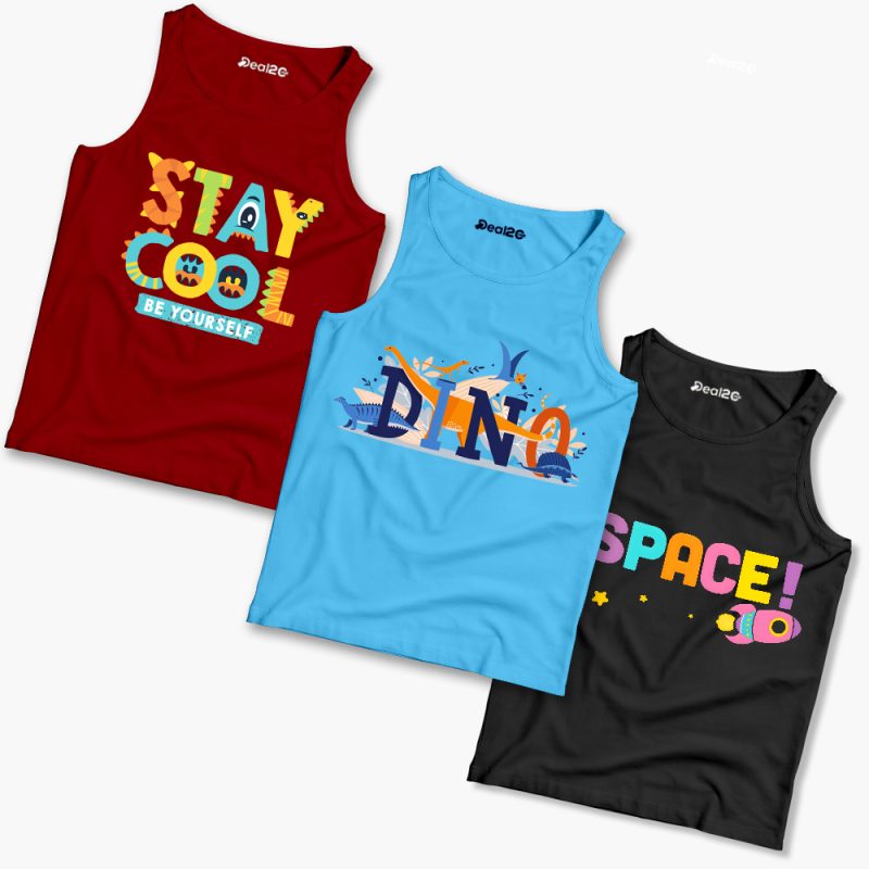 Pack of 3 Dino Cool Space Kids Printed Tank Tops