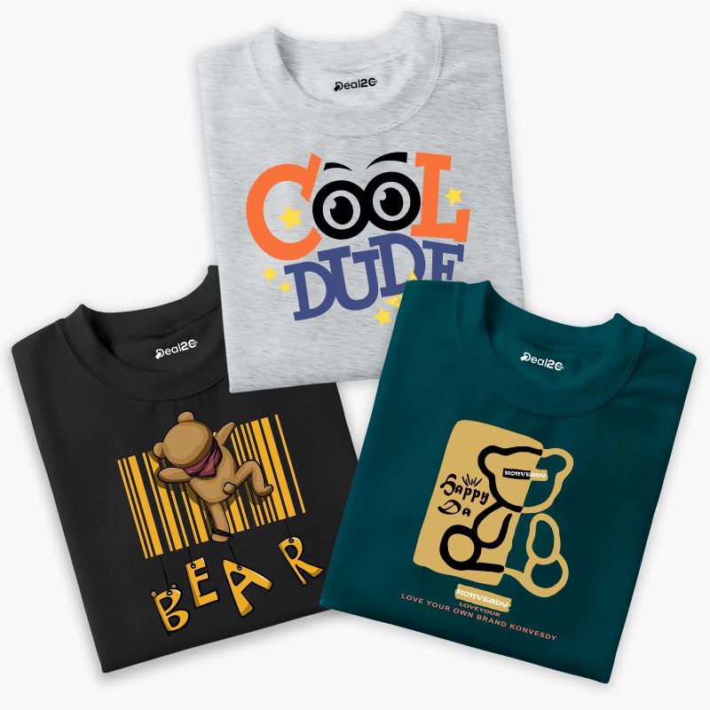 Pack of 3 Cool Happy Bear Printed Summer T-Shirts